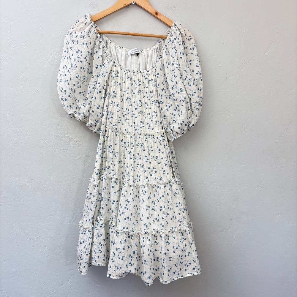 Zoco Fresh Blooms Dress Women Size Large Blue White Floral Tiered Cottagecore